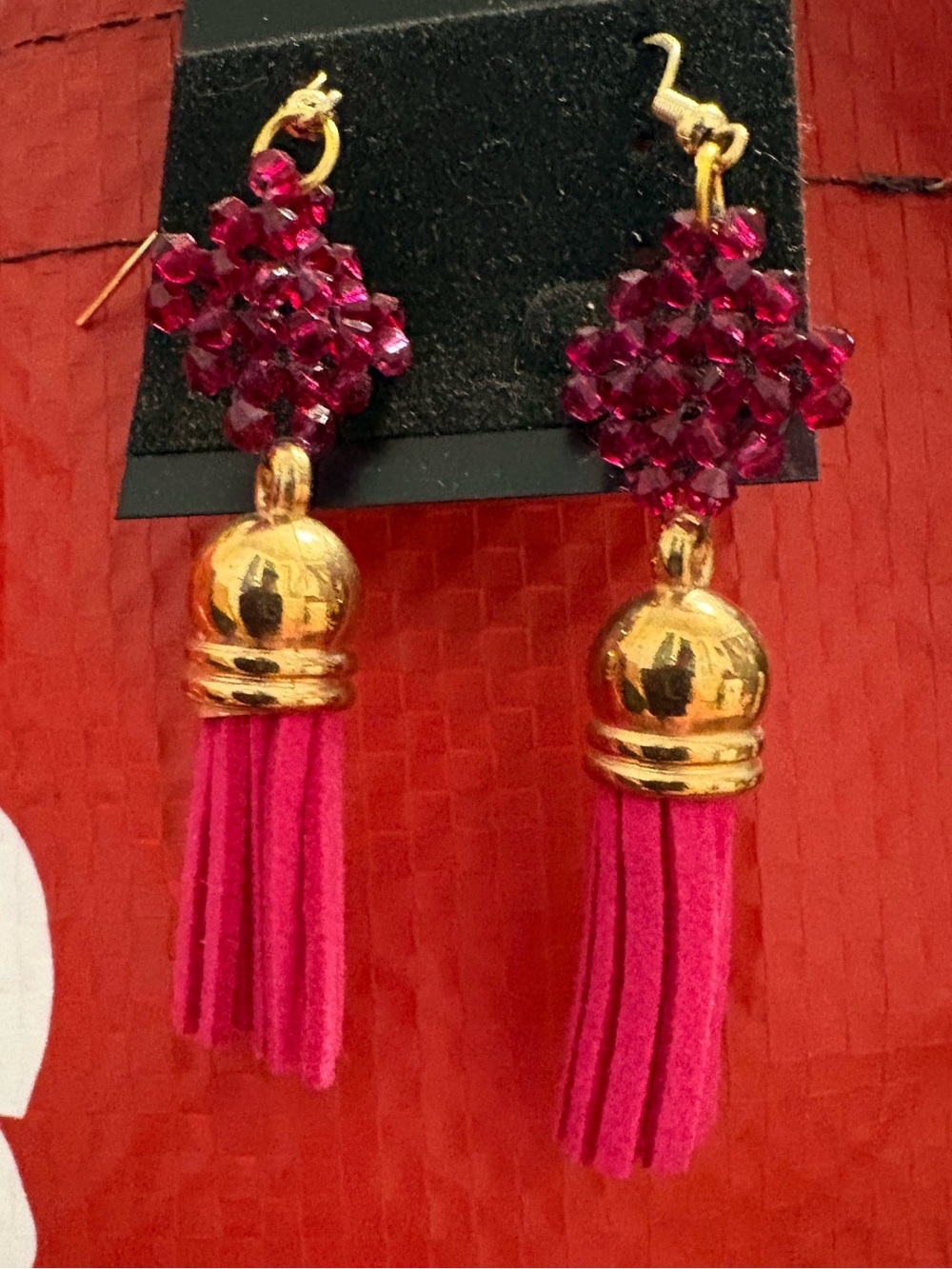 Gold & Fuchsia Tassel Cluster Drop Earrings - Women Jewelry